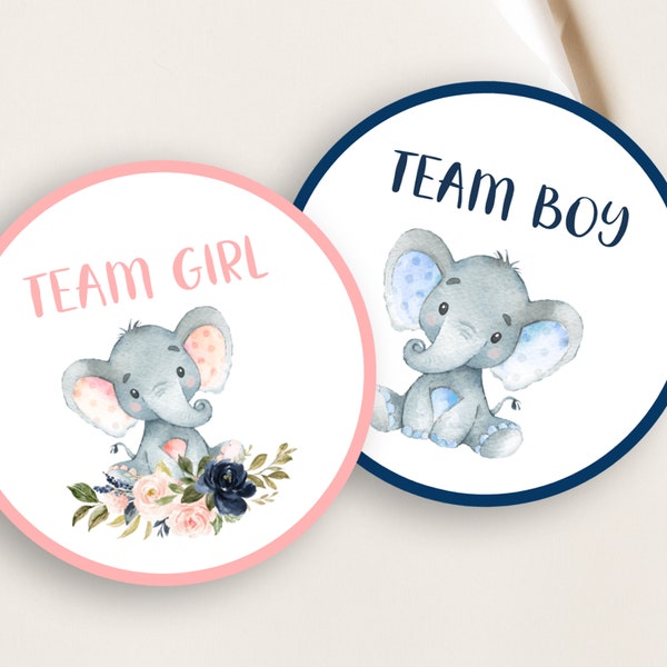 Elephant Gender Reveal Tags, Team Boy Team Girl, 2 inch Round Tags, Pink & Blue Elephant, Pink and Navy Blue Floral, Boy Or Girl, Printable