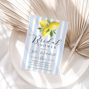 Lemon Bridal Shower Invite, Citrus, Baby Blue Stripes, Wedding Shower, Watercolor Lemon Invite, Instant Download, Self Editable Template image 4