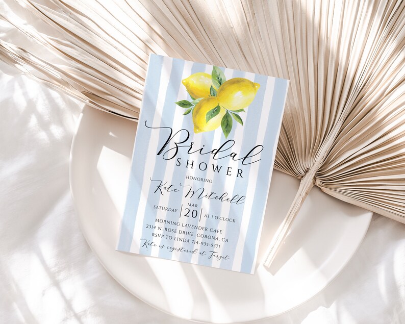 Lemon Bridal Shower Invite, Citrus, Baby Blue Stripes, Wedding Shower, Watercolor Lemon Invite, Instant Download, Self Editable Template image 4