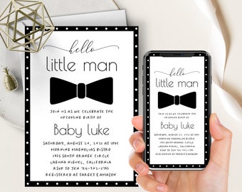 Bowtie Hello Little Man Phone Evite+Printable Invite, Boy Baby Shower, Little Man Is On The Way, Electronic Digital, Bow Tie, Editable