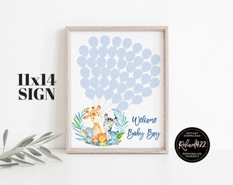 Safari Animals Balloon Guest Book, Signature Guestbook Poster, Jungle Animals Balloon Sign, Boy Baby Shower Guestbook, Blue Balloons Sign