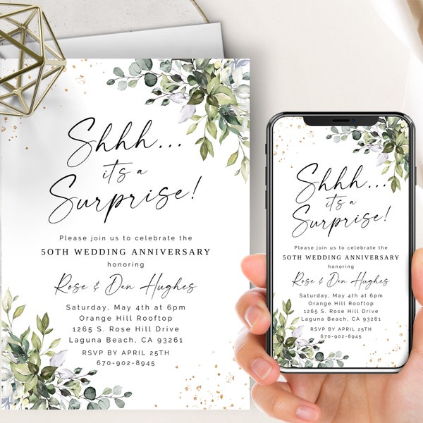 Shhh... It's a Surprise Wedding Anniversary Invitation, 50th, 40th, 30th, Golden Anniversary, Greenery, Elegant, Gold Frame, Evite+Printable