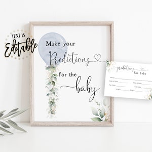 Botanische voorspellingen voor baby, bordje en bijpassende kaarten, blauwe aquarelballon, babyshoweractiviteit, botanisch groen eucalyptus, goud