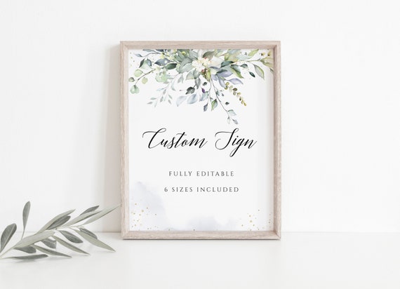 Wedding Sign Bundle, Self-Editable Template, Dusty Blue Greenery Foliage Eucalyptus Wedding, Gold Watercolor, Custom Wedding Signs,
