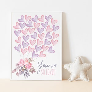 36 Balloon Hearts Guestbook Poster, Lavender Pink Floral Guest Book Sign, Girl Baby Shower, Pink And Purple Balloons, Watercolor, Template