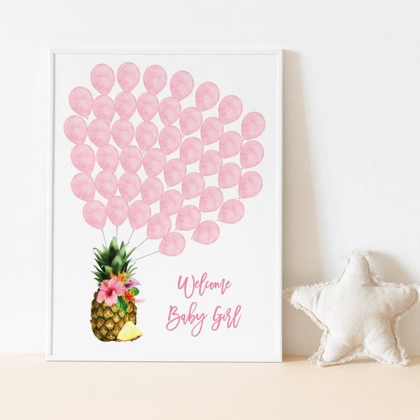 Tropical Signature Guest Book, Pink Balloon Poster, Hibiscus, Pineapple, Floral Guestbook Sign, Aloha Baby Shower, Luau, Hawaiian