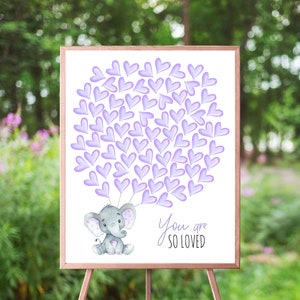 75 Purple Hearts Elephant Guest Book, Lavender Balloons Guestbook Poster, Baby Shower, Purple Elephant, Large Elephant Guestbook Poster