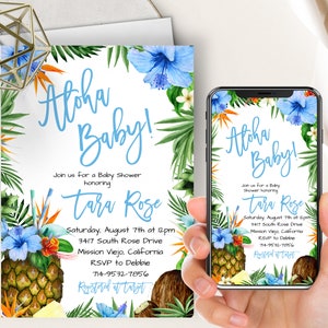 Boy Aloha Baby Shower Phone Evite+Printable Invite, Blue Hibiscus, Electronic Invitation, Tropical Luau, Hawaiian, Pineapple, Coconut,Floral