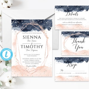 Rose Gold Geometric Invitation Set, Blush Pink And Navy Blue Watercolor Wedding Invite, Silver Glitter, Wedding Suite, Watercolor Invitation