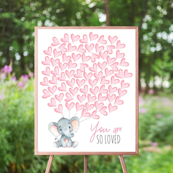 75 Pink Hearts Elephant Guest Book, Pink Balloons Guestbook Poster, Baby Shower, Pink Elephant, Large Elephant Guestbook Poster, Girl