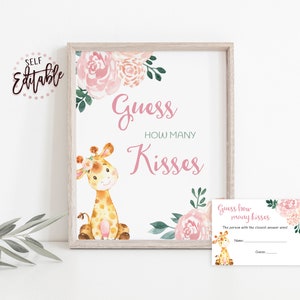 Giraffe raad eens hoeveel spel, raad eens hoeveel kussen activiteit kaarten, roze perzik bloemen aquarel, Giraffe raadspel, baby shower activiteit