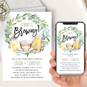 A Baby Is Brewing Invite, Beer Tea Coffee Bottle, Greenery Eucalyptus Wreath, Gender Neutral, Electronic Phone Evite, Beer Stein Mug, Teacup