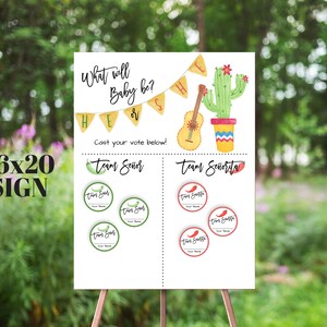 Señal de predicción del género de Taco 'Bout A Baby, actividad de él o ella, suculentas de cactus Fiesta, juego de niño o niña, fiesta de revelación de género, emita su voto