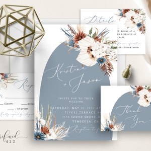 Dusty Blue Boho Floral Wedding Invite Set, Burnt Orange, Terracotta, Rust Orange, White Floral, Earth Tones, Muted, Rustic Invite, Pampas