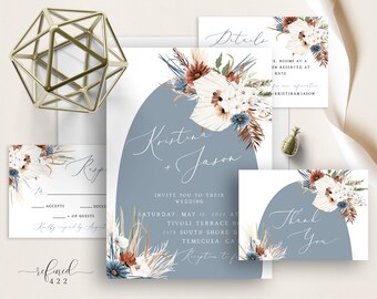 May include: Wedding invitation suite with a blue and white color scheme. The invitation features a semi-circle with a floral design and the text "Kristine + Jason". The RSVP card has the text "Accepts" and "Declines". The details card has the text "Details" and the thank you card has the text "Thank You".