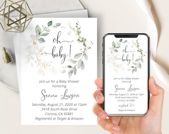 Botanical Greenery Baby Shower Invite, Phone Invite+Printable, Bohemian Gold Leaves, Oh Baby, Eucalyptus, Boho Greenery Watercolor, Neutral