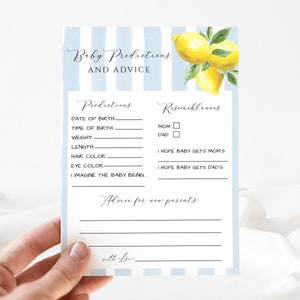 Babyspel met voorspellingen en advies, Citroenbabyshower, Pastelblauwe strepen, Advies voor ouders, Jongensbabyshower, Citrusvrucht, Hoofdknijper, Zomer