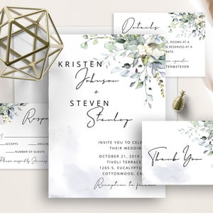 Greenery Floral Wedding Invite, Eucalyptus Succulents, Dusty Blue, Boho, Modern Calligraphy, Watercolor Splash, Wedding Set, Template