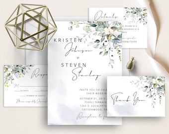 Greenery Floral Wedding Invite, Eucalyptus Succulents, Dusty Blue, Boho, Modern Calligraphy, Watercolor Splash, Wedding Set, Template