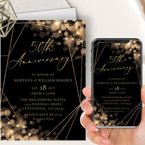Black and Gold 50th Anniversary Phone Evite+Printable Invite, Editable ANY Year, Bokeh Glitter Lights, Sparkle, Wedding Anniversary, Elegant