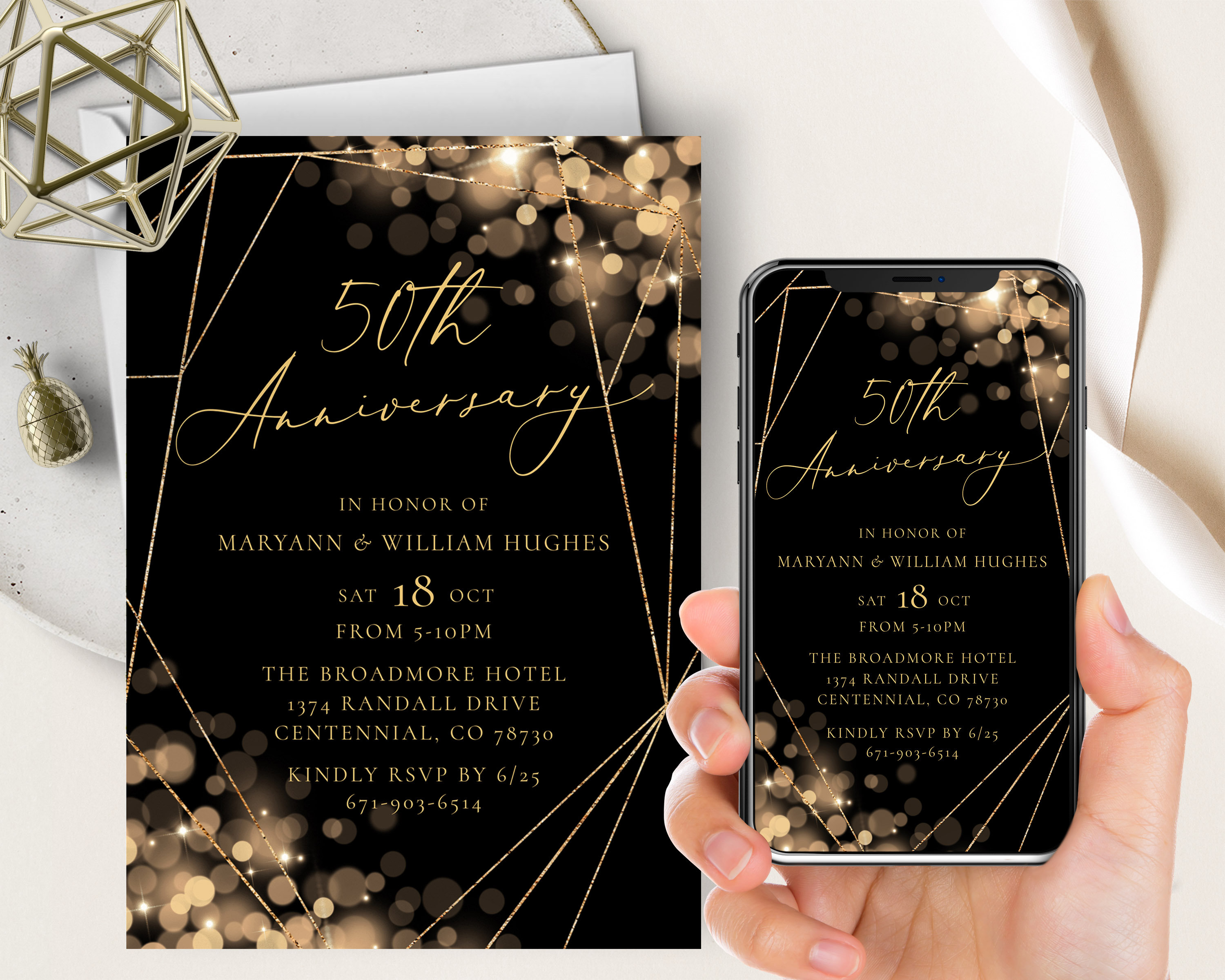 Schwarz und Gold 50-jähriges Jubiläum Telefon Evite + Printable einladen, bearbeitbar jedes Jahr, Bokeh Glitter Lights, Sparkle, Hochzeitstag, elegant