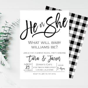 Modern Gender Reveal Invitation, Black and White Plaid, Boy Or Girl Gender Reveal Party, He Or She, Baby Shower Invite, Simple Gender Reveal