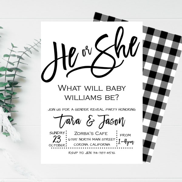 Moderne Gender Reveal Einladung, schwarz und weiß kariert, Junge oder Mädchen Gender Reveal Party, er oder sie, Baby Shower Invite, Simple Gender Reveal