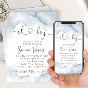Oh Boy Baby Shower Electronic Invite, Dusty Blue Watercolor Splash, Modern Calligraphy Heart, Evite, Citrus, Text Message Invite, Digital
