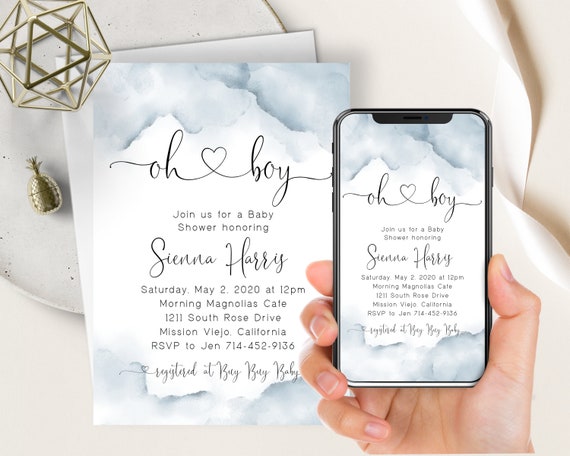 Oh Boy Baby Shower Electronic Invite, Dusty Blue Watercolor Splash, Modern Calligraphy Heart, Evite, Citrus, Text Message Invite, Digital