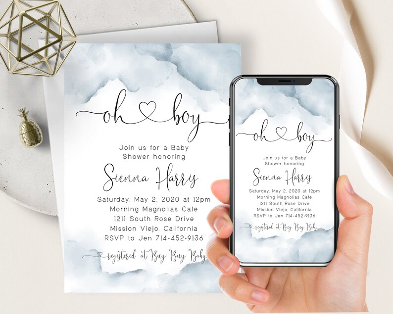 May include: A blue and white watercolor baby shower invitation with the text "oh boy" and details for a baby shower honoring Sienna Harris. The invitation includes the date, time, location, and RSVP information. The text "registered at Buy Buy Baby" is also included.