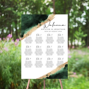 Emerald & Gold Watercolor Wedding Seating Chart, Table Number Sign, Emerald Green, Modern Calligraphy, Minimalist, Editable Seat Plan