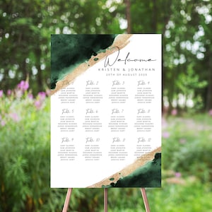 Puede incluir: Un plano de asientos de boda con un fondo de acuarela verde y dorado. El gráfico está titulado "Bienvenido Kristen & Jonathan 20 de agosto de 2020". El gráfico enumera las mesas del 1 al 12 con los nombres de los invitados.