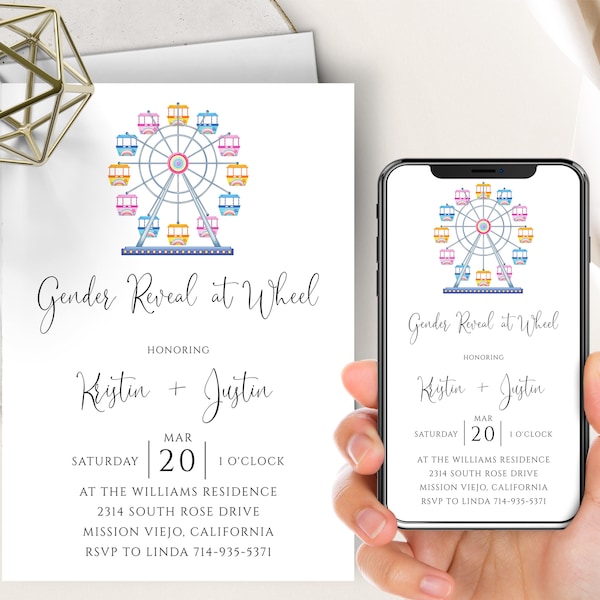 Ferris Wheel Gender Reveal Phone Evite+Printable Invite, Gender Reveal At Wheel, Boy Or Girl, He Or She, Reveal Party Invite, Carnival