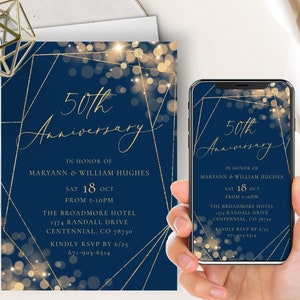 Navy and Gold 50th Anniversary Phone Evite+Printable Invite, Editable ANY Year, Bokeh Glitter Lights, Sparkle, Wedding Anniversary, Elegant
