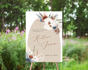 Pampas Floral Wedding Welcome Sign, Boho Wedding, Arch, Terracotta, Dusty Blue, Burnt Rust Orange, White Floral, Earth Tones, Rustic, Poster