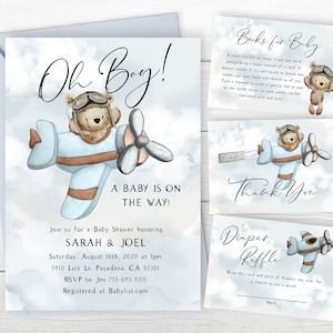 Airplane Teddy Bear Baby Shower Invite, Vintage Airplane, Landing Soon, Up Up and Away, Fly High, We Can Bearly Wait, Blue Watercolor, Cute