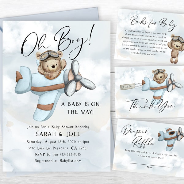 Airplane Teddy Bear Baby Shower Invite, Vintage Airplane, Landing Soon, Up Up and Away, Fly High, We Can Bearly Wait, Blue Watercolor, Cute