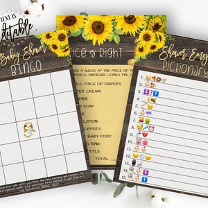 Sloth Baby Shower Games Bundle, Sunflowers, Emoji Dictionary, Price Is Right,  Baby Shower Bingo, Gender Neutral, Rustic Wood, Cute Sloth