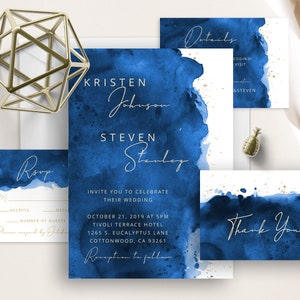 Faire-part de mariage aquarelle bleu royal, bleu cobalt, éclaboussures d'aquarelle, minimaliste, moderne, élégant, mariage simple, modèle modifiable