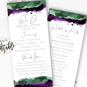 Puede incluir: Un programa de ceremonia de boda con un fondo de acuarela en tonos de morado y verde. El programa incluye los nombres de Kristen y Steven, la fecha 24 de agosto de 2021 y el orden de la ceremonia. El programa también incluye una lista de los miembros de la fiesta de bodas y sus roles.