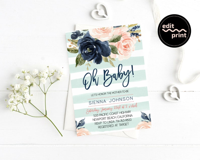 Gold Aqua Mint Stripes Oh Baby Navy Blush Floral Watercolor Oh Baby Invitation Pink Floral Greenery Gender Neutral Floral Baby Shower