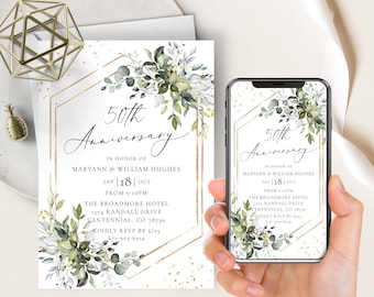 50th Anniversary Invitation, Wedding Anniversary, Golden Anniversary, Greenery, Elegant, Gold Frame, Evite + Printable, Editable Template