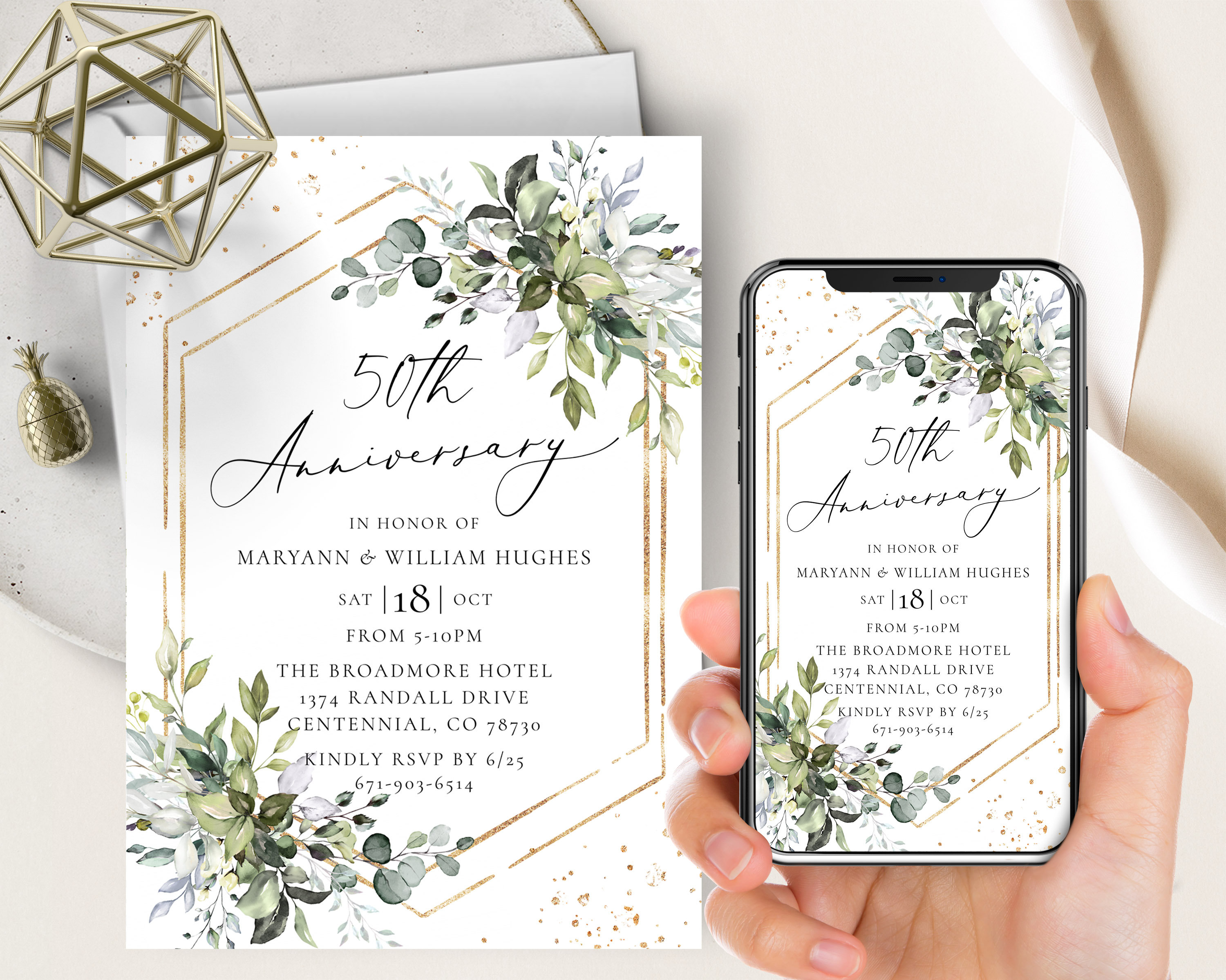50th Anniversary Invitation, Wedding Anniversary, Golden