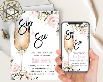 Blumen Sip N 'See Telefon Evite + Printable einladen, Champagner Flöte sprudelnd, schlürfen und sehen Dusche, Boho Blush rosa floral, Text Nachricht einladen