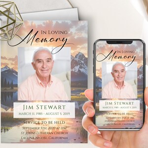 Begrafenisaankondiging bergen, herdenkingsdienst voor mannen, wildernis, In Loving Memory, begrafenisuitnodiging, natuur, viering van het leven