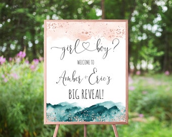 Teal Blue And Rose Gold Gender Reveal Welcome Sign, Blush Pink Watercolor Splash, Boy or Girl Poster, Reveal Party, Heart Calligraphy, Aqua