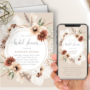 Evite de douche nuptiale floral bohème + invitation imprimable, herbe de la pampa, floral orange brûlé, rouille, terre cuite, tons de terre, invitation rustique, cadre doré