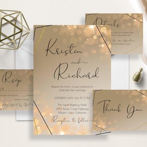 Gold Champagner Hochzeitseinladung, Gold Geometrisches Einladungsset, Bokeh Glitter, bearbeitbare Vorlage, druckbare Einladung, sofortiger Download
