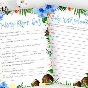 Blue Aloha Baby Shower Games, Nursery Rhyme Quiz, Baby Word Scramble, Tropical Luau Hibiscus, Hawaiian Themed Baby Shower, Boy, Blue Floral