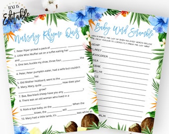 Blue Aloha Baby Shower Games, Nursery Rhyme Quiz, Baby Word Scramble, Tropical Luau Hibiscus, Hawaiian Themed Baby Shower, Boy, Blue Floral